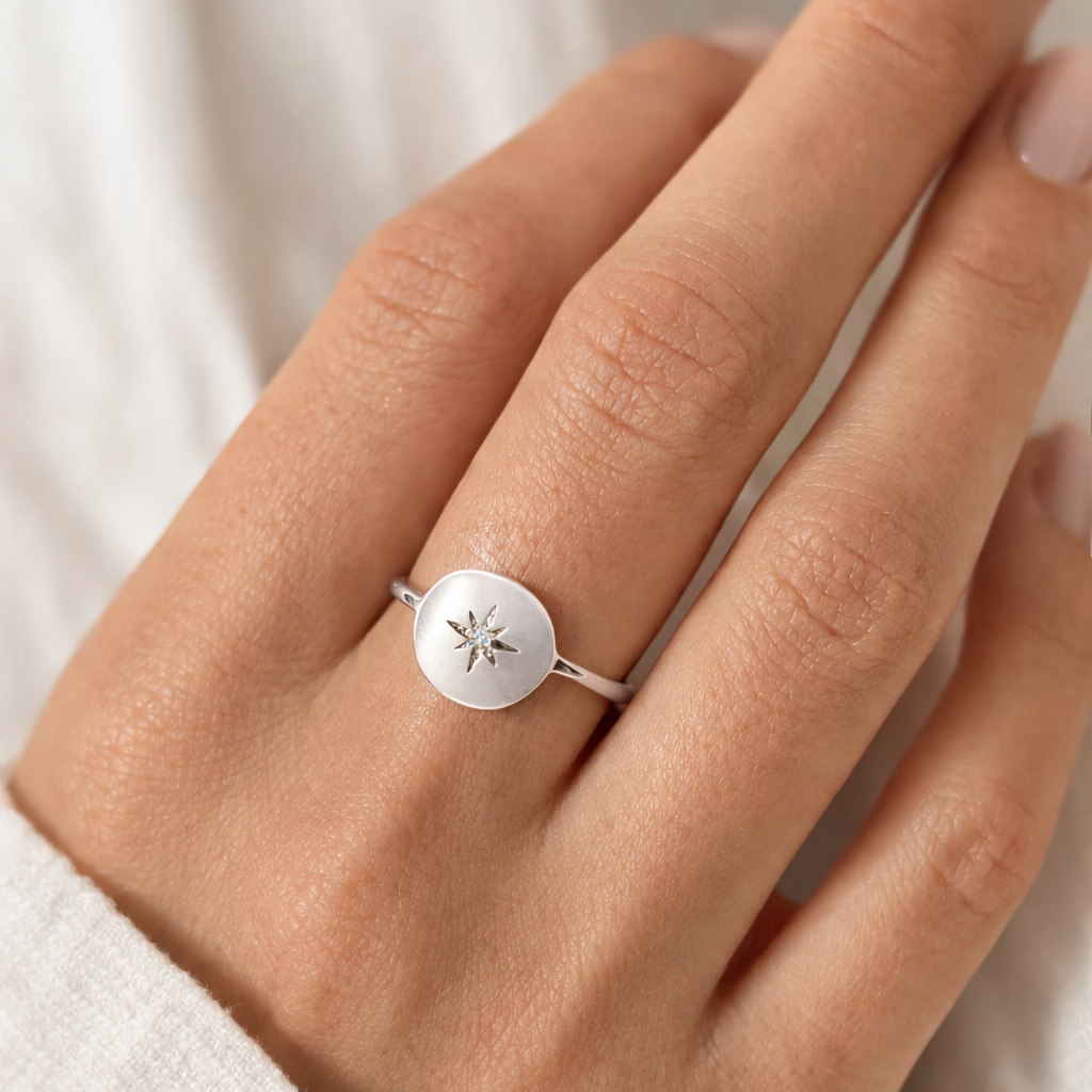 Bague étoile du nord avec zirconium - bague étoile - bague médaille en Argent 925