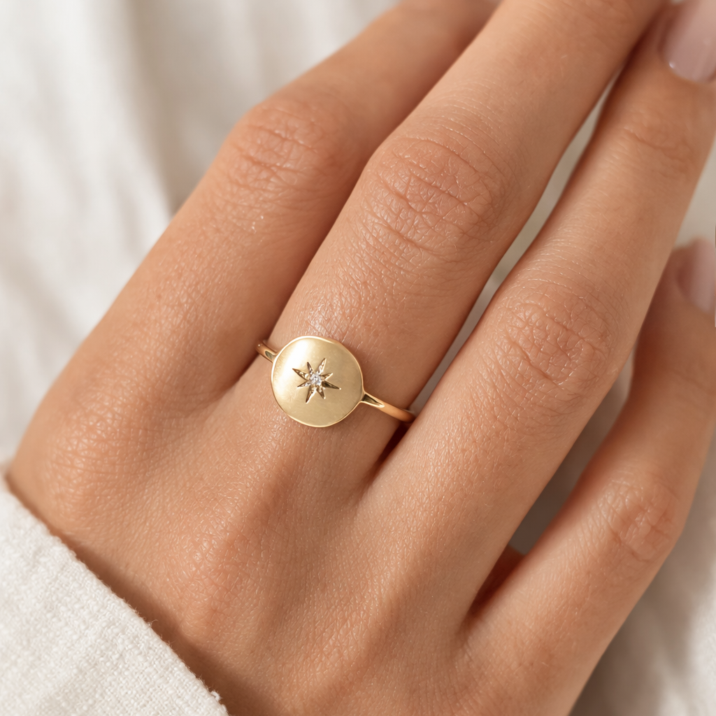 Bague étoile du nord avec zirconium - bague étoile - bague médaille en plaqué Or
