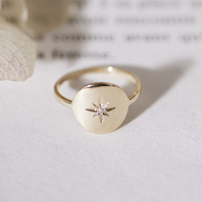 Bague étoile du nord avec zirconium - bague étoile - bague médaille en plaqué Or