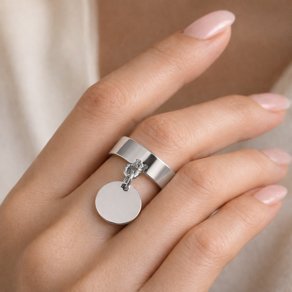 Bague avec pastille ronde argentée - Bague médaille plate