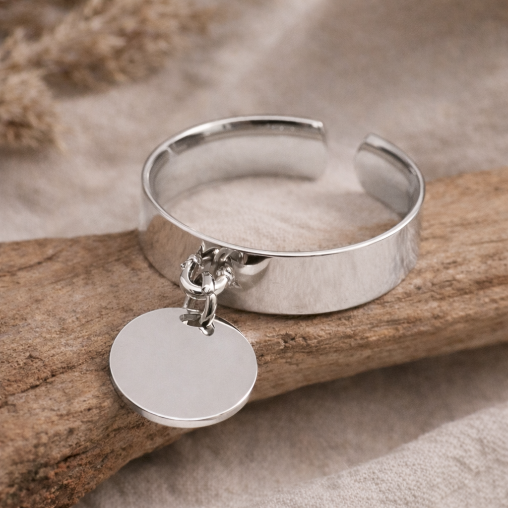 Bague avec pastille ronde argentée - Bague médaille plate