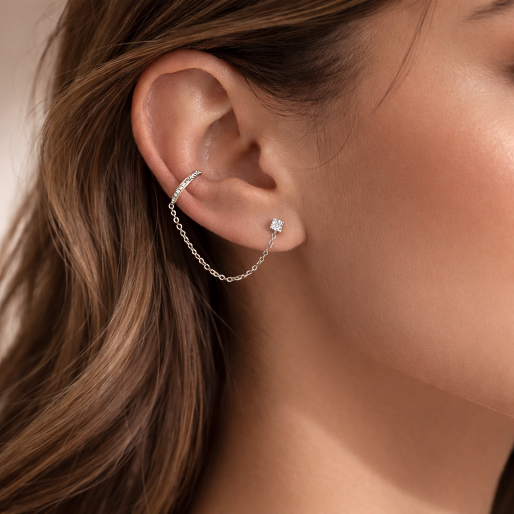 Boucles d’oreilles anneau créole strass avec chaine - Boucle d'oreille avec chaîne - Bijou d'oreilles chaine lobe Argent 925