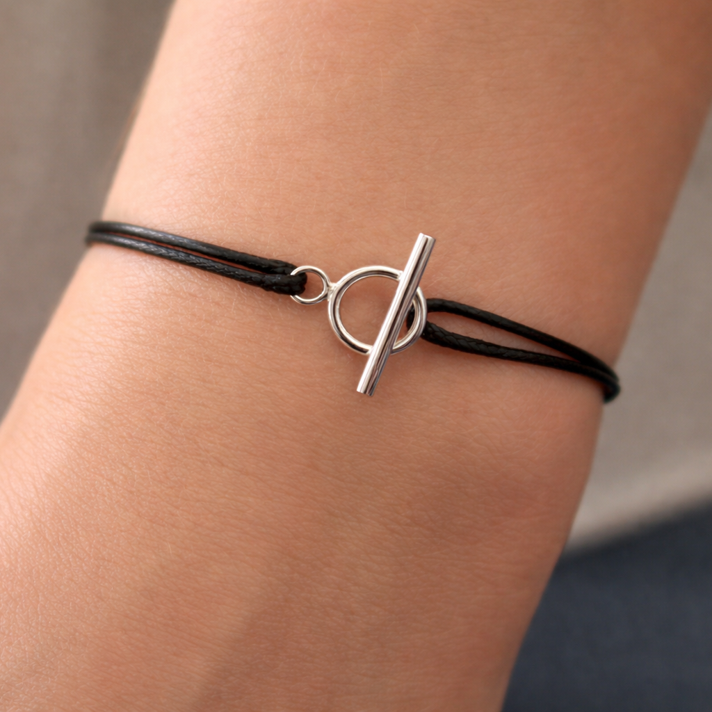 Bracelet cordon fermoir toggle en argent 925 - bracelet fermoir cercle et barre