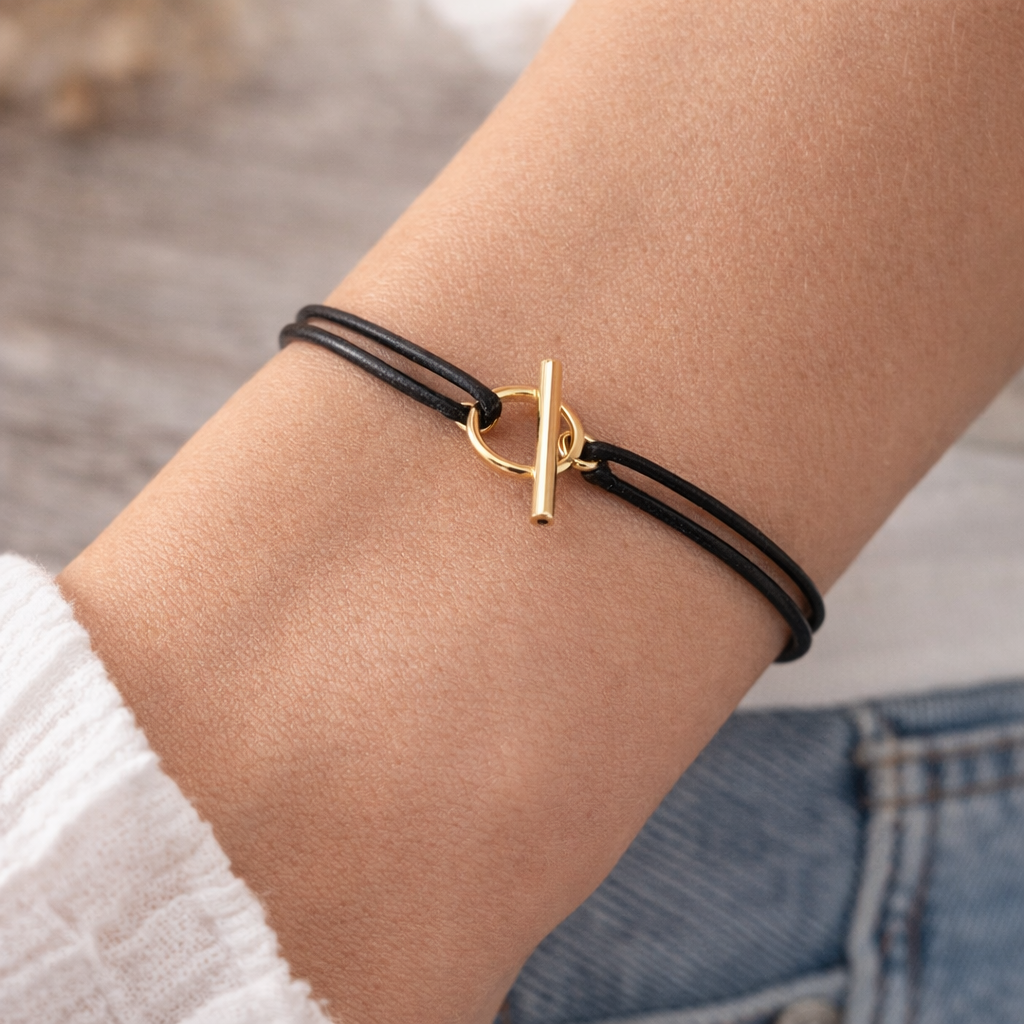 Bracelet cordon fermoir toggle en plaqué or - bracelet fermoir cercle et barre