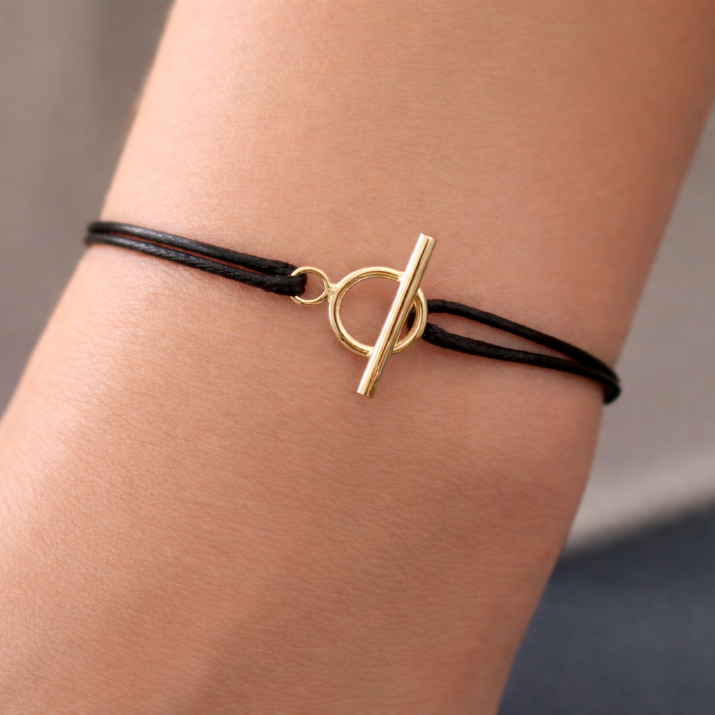 Bracelet cordon fermoir toggle en plaqué or - bracelet fermoir cercle et barre