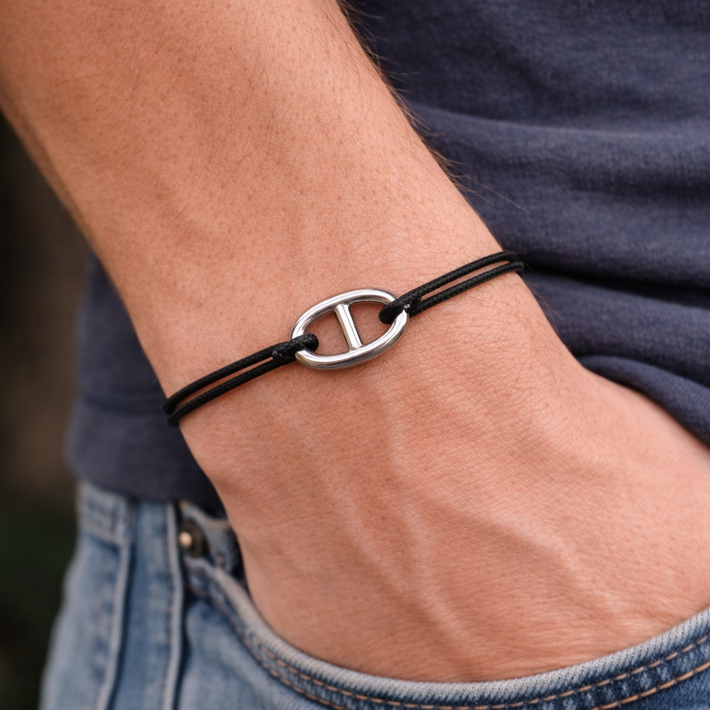 Bracelet maille marine argentée sur cordon - Bijou nautique Bracelet porte bonheur Bracelet marin