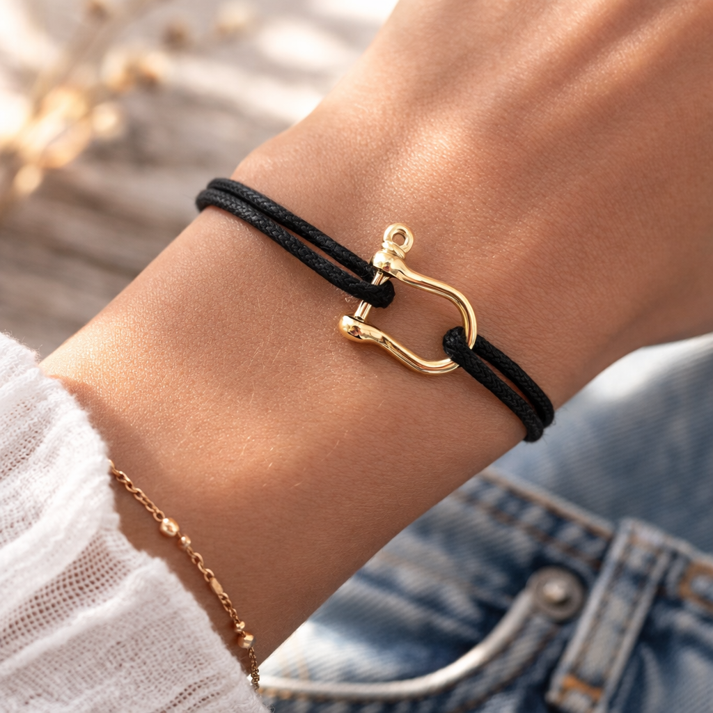 Bracelet manille de bateau en plaqué or sur cordon