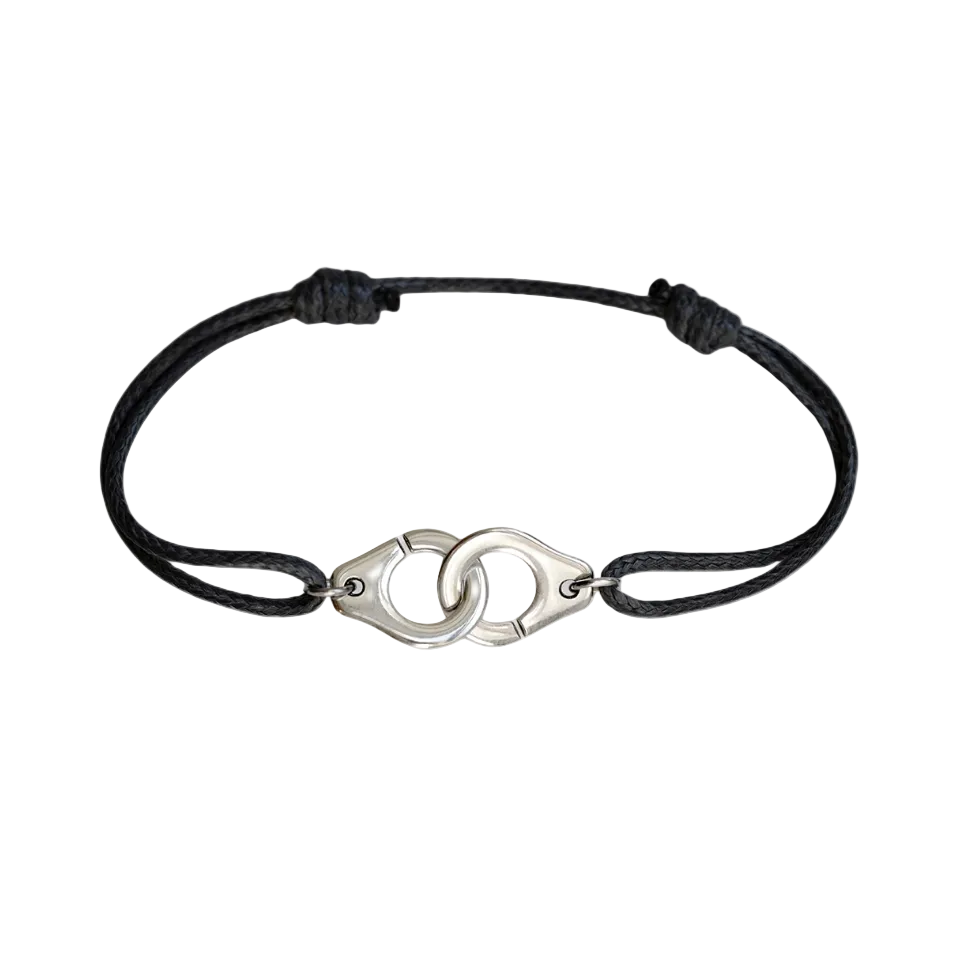 Bracelet menottes argentées sur cordon - Taille ajustable Homme ou Femme