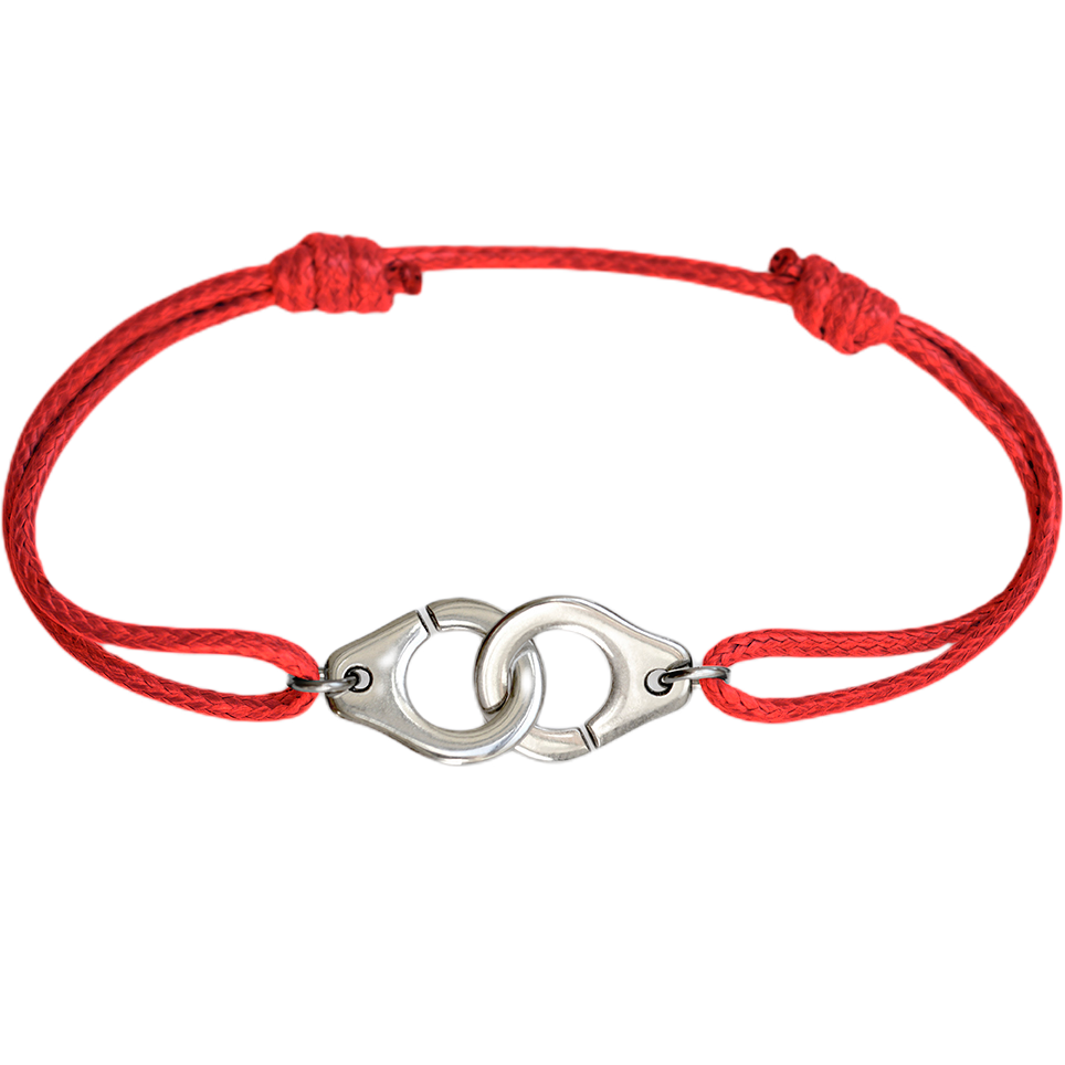 Bracelet menottes argentées sur cordon - Taille ajustable Homme ou Femme