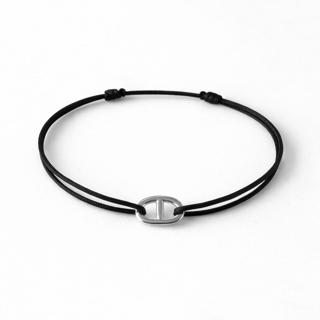 Bracelet petite maille marine argentée sur cordon