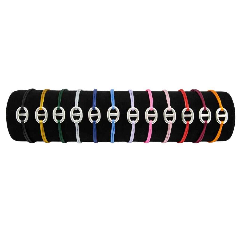 Bracelet petite maille marine argentée sur cordon