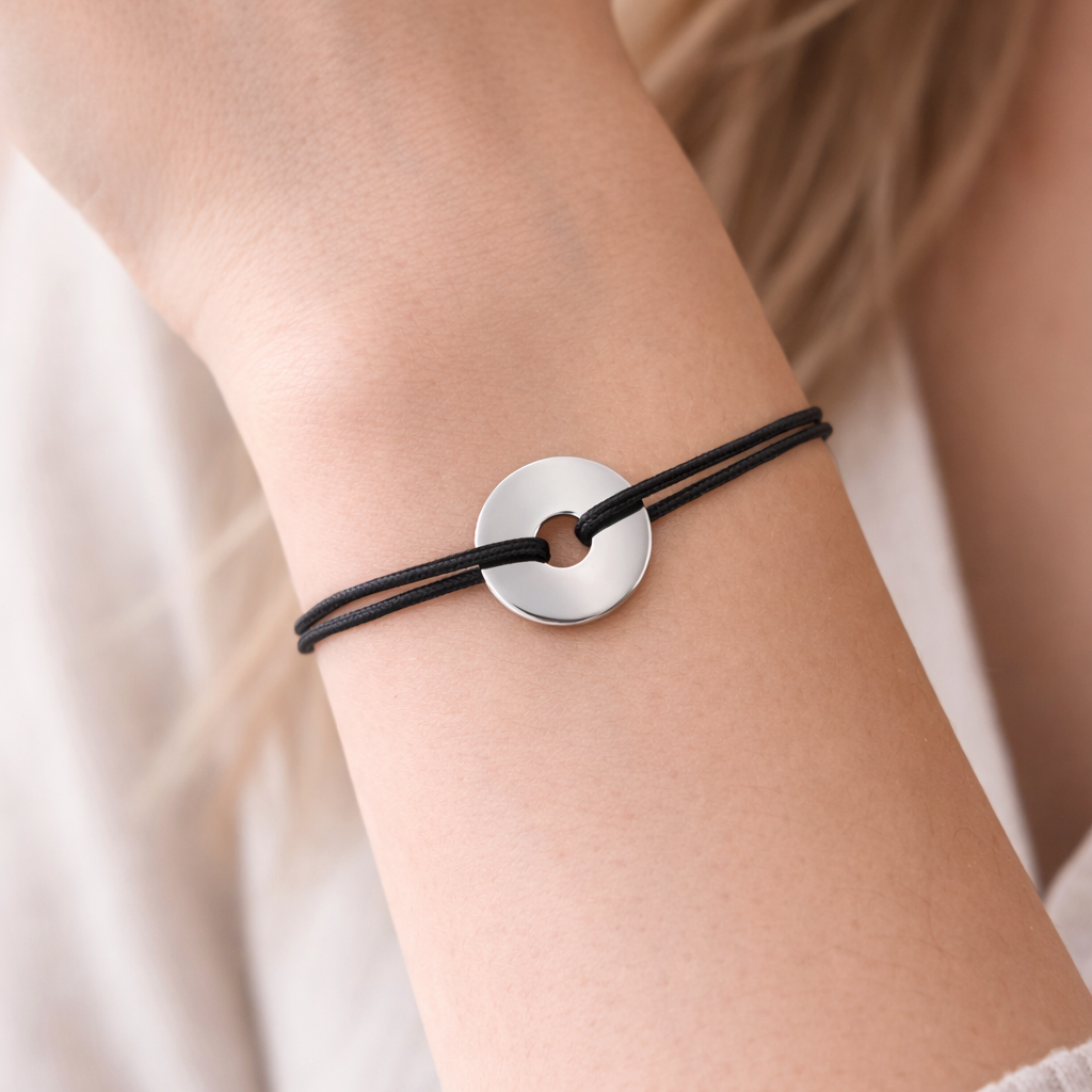 Bracelet médaille en Argent 925 - Bracelet Cercle / Cible sur cordon