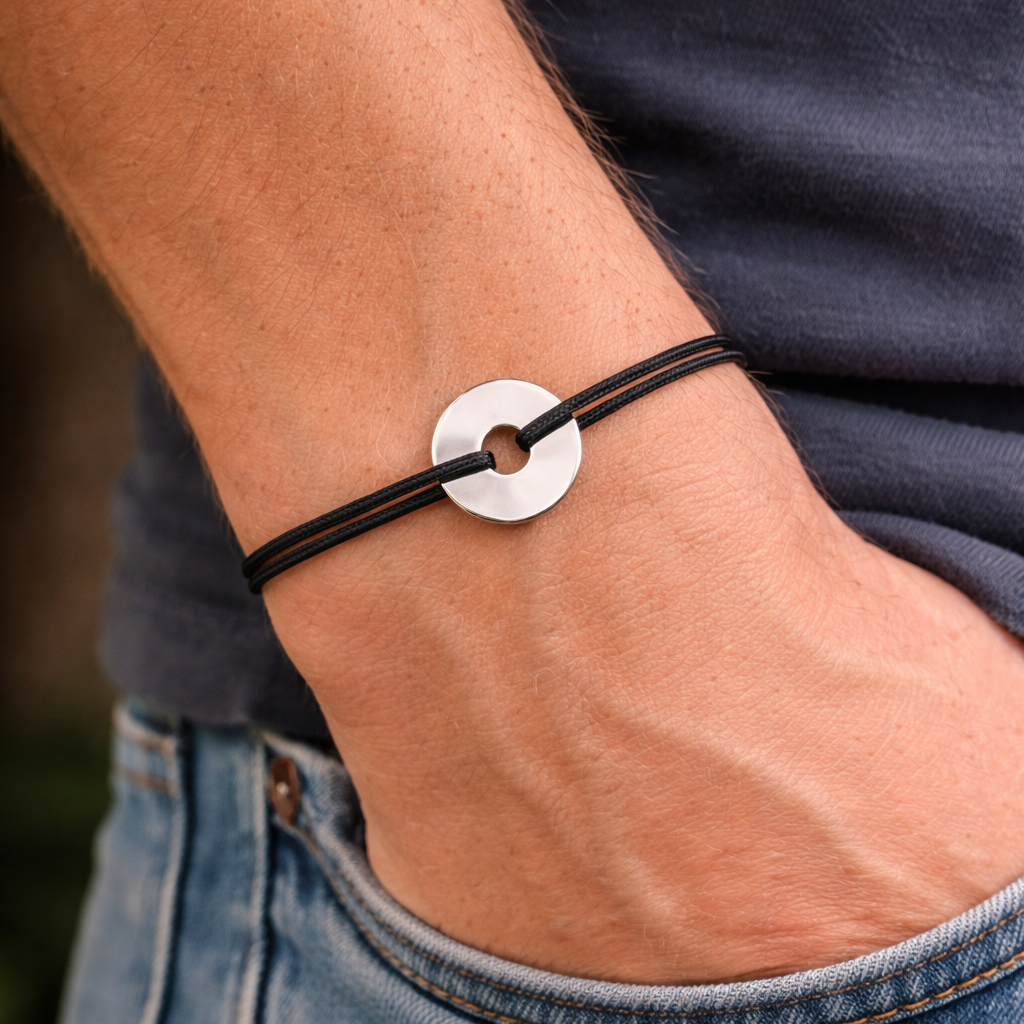 Bracelet médaille en Argent 925 - Bracelet Cercle / Cible sur cordon