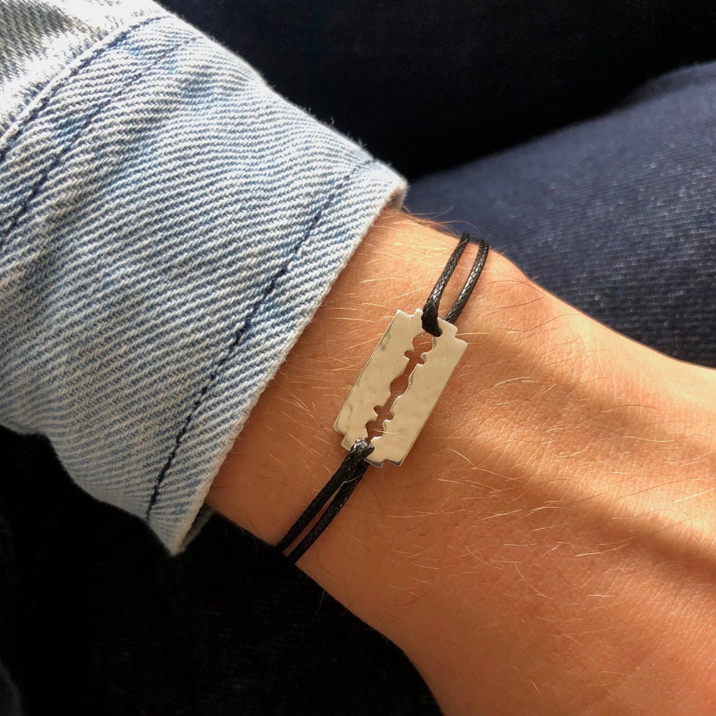 Bracelet Lame de Rasoir martelée en Argent 925 sur cordon