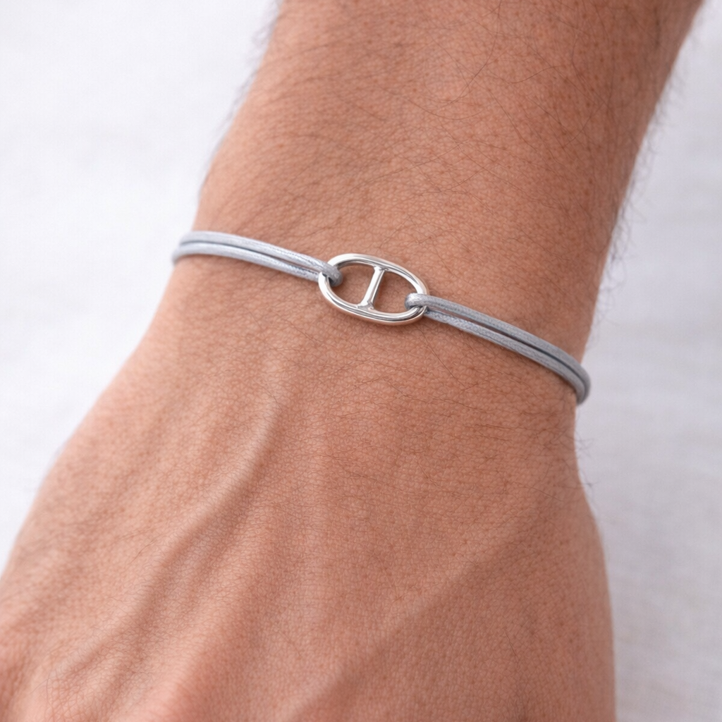 Bracelet petite maille marine sur Cordon en Argent 925