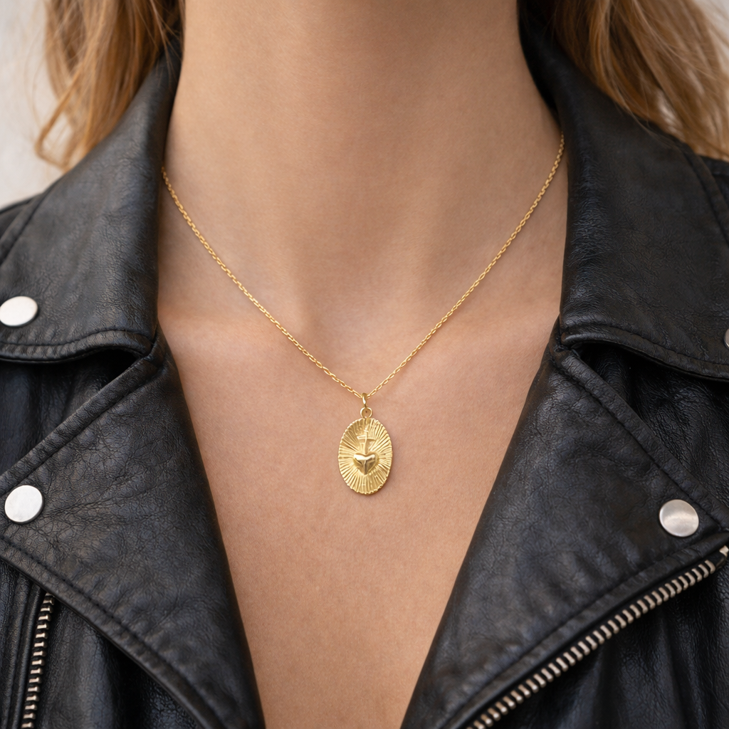 Collier médaille croix au coeur - Ex Voto en plaqué Or