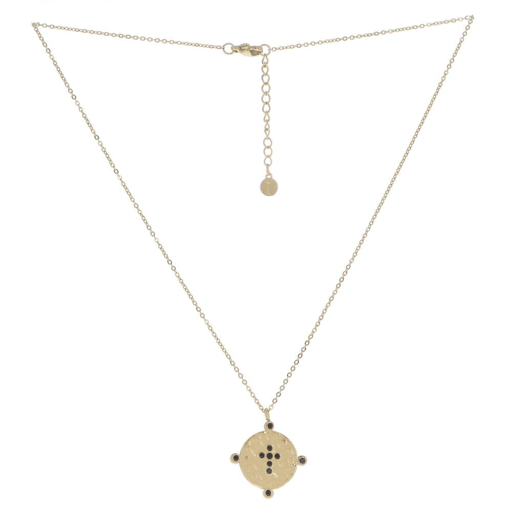 Collier doré avec pendentif médaille motif croix incrusté de strass noirs
