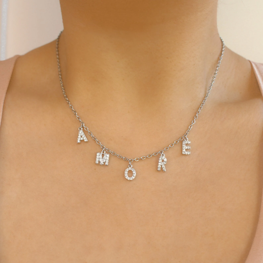 Collier lettre strass zircon argenté collier prénom alphabet, collier initiale personnalisé mot au choix , cadeau d’anniversaire, bijoux femme.