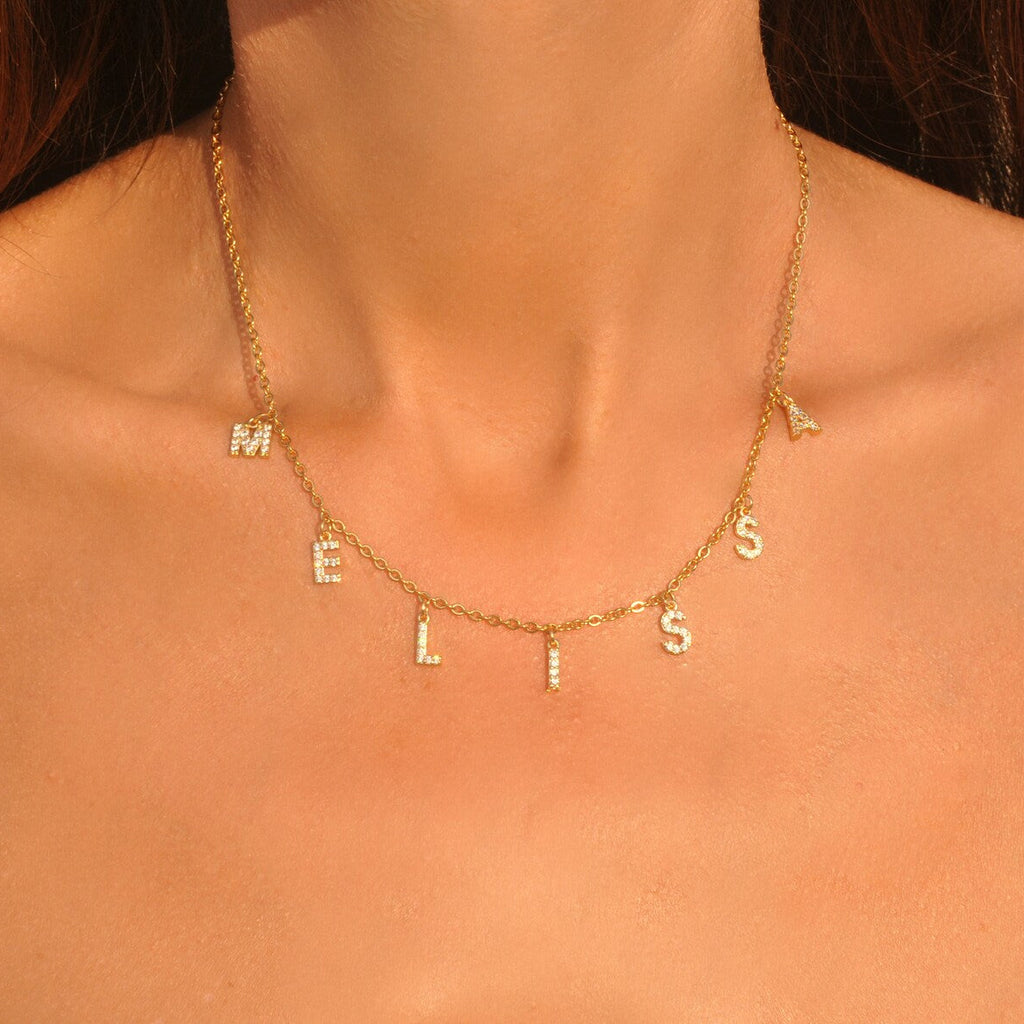 Collier lettre strass zircon doré collier prénom alphabet, collier initiale personnalisé mot au choix.