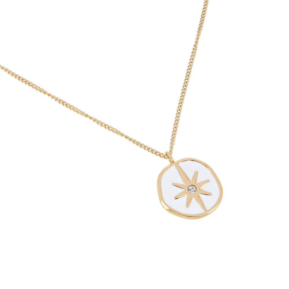 Collier sur chaîne doré composé d'un pendentif étoile émaillé blanc serti d'un strass blanc