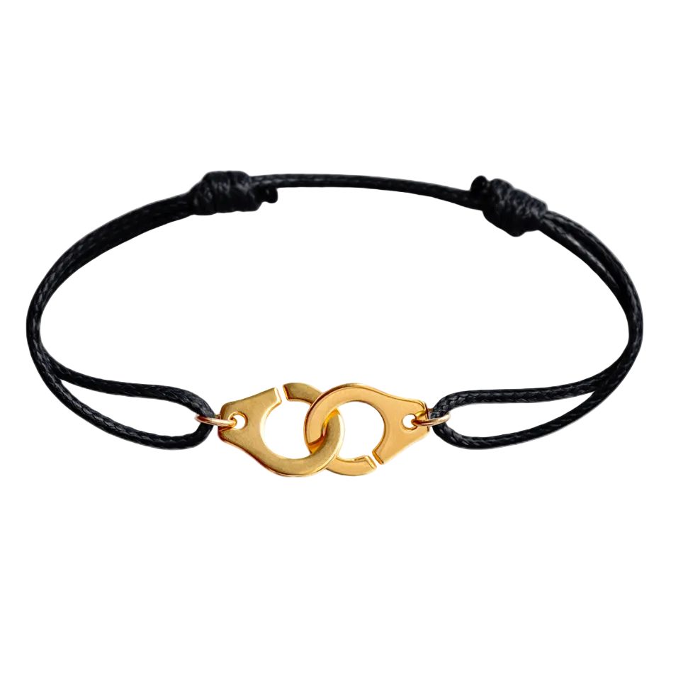Bracelet menottes dorées sur cordon - Taille ajustable Homme ou Femme