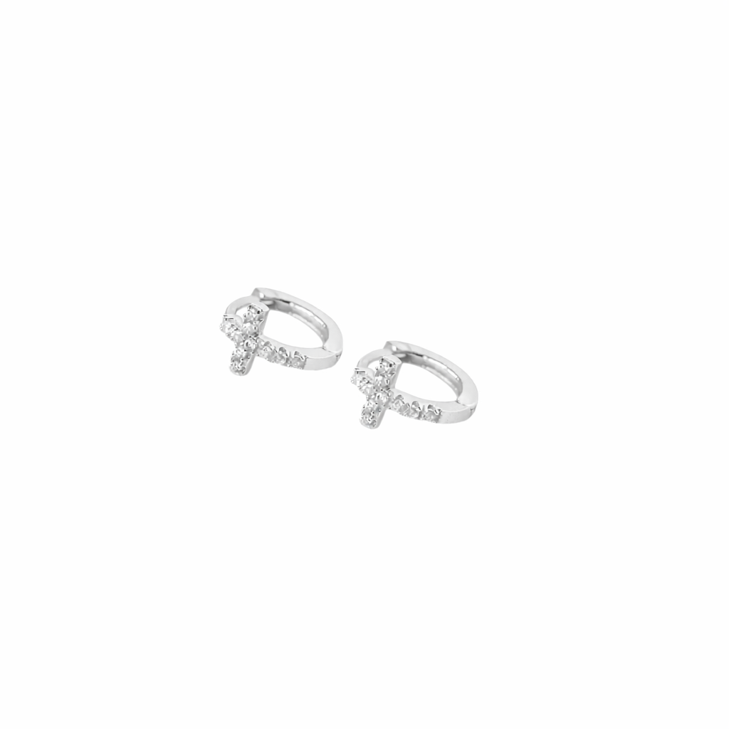 Créoles croix argent 925 serties de zircons – Mini boucles d’oreilles élégantes